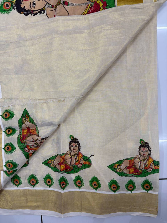 Krishna (on leaf) Golden tissue Set Saree (limited Stock)
