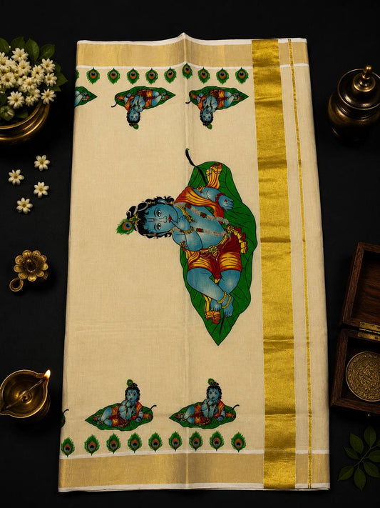 Krishna (blue) Golden tissue Set Saree (limited Stock)