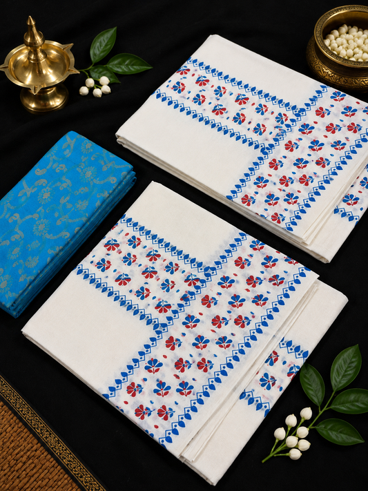 Block Printed Set mund dual color (with blouse) Red & Blue