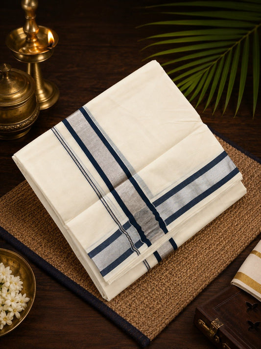 Double Dhothi Cotton 788-Silver-DarkBlue