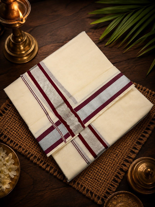 Double Dhothi Cotton 788-Silver-Maroon