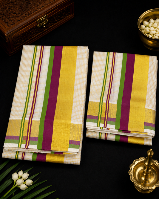 Set Mundu –  Vadamalli &  Light Green with Golden Split Kara & Micro Checks