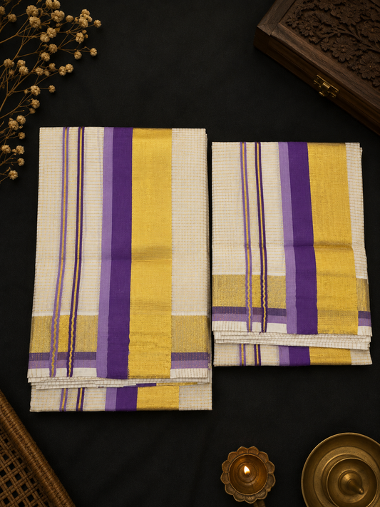 Set Mundu – Violet & Lavender with Golden Split Kara & Micro Checks